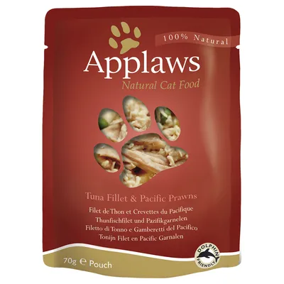Applaws Natural Cat Food, 100% Natural, Tuna Fillet & Pacific Prawns, 70 g pouch, Dolphin Friendly. Synlig tekst på engelsk, fransk, tysk, italiensk og hollandsk.