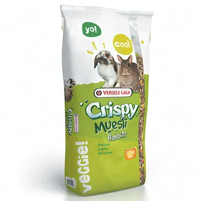 Versele-Laga Crispy Muesli Rabbits. Warzywny! Dodatkowe włókna. Karma dla królików z ilustracjami dwóch królików oraz tekstem „yo!” i „cool”.