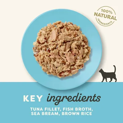 Key ingredients: tuna fillet, fish broth, sea bream, brown rice. 100% natural ingredients shown on a plate.