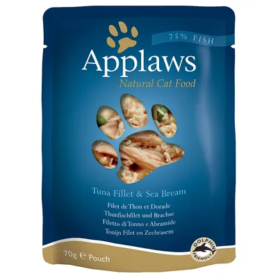 Applaws Natural Cat Food, 75% Fish, Tuna Fillet & Sea Bream, 70 g pose. Tekst: Dolphin Friendly. Synligt indhold gennem poteformet vindue på emballagen.