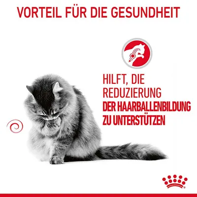 Vorteil für die Gesundheit: Hilft, die Reduzierung der Haarballenbildung zu unterstützen. Bild einer Katze und Royal Canin Logo.