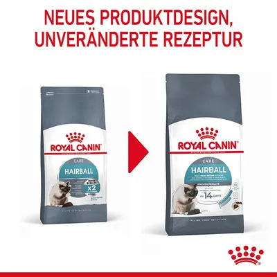 Royal Canin Care Hairball. Neues Produktdesign, unveränderte Rezeptur. Bewährte Ergebnisse in 14 Tagen. Verpackung zeigt Katze und Produktinformationen.