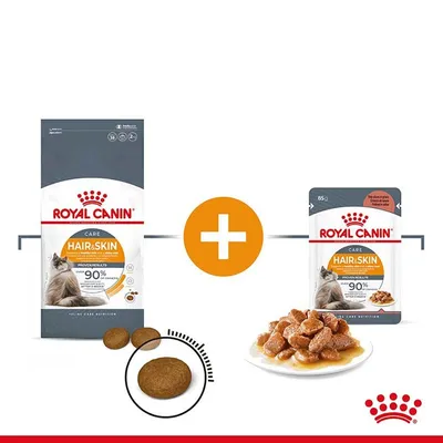 Royal Canin Hair & Skin суха и консервирана храна за котки, опаковки с видими гранули и парчета в сос, надпис '90% доказан резултат' на етикетите.