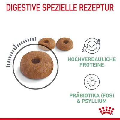 Digestive spezielle Rezeptur. Hochverdauliche Proteine, Präbiotika (FOS) & Psyllium. Abgebildete Kroketten mit Loch in der Mitte und Royal Canin Logo unten rechts.