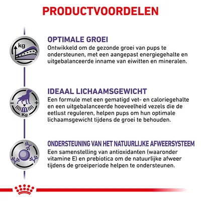 Productvoordelen: optimale groei, ideaal lichaamsgewicht en ondersteuning van het natuurlijke afweersysteem voor pups. Tekst beschrijft energiegehalte, vezels, antioxidanten en prebiotica.