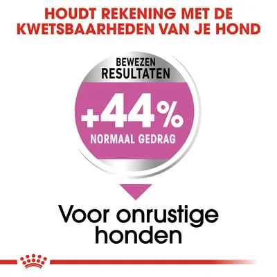 Houdt rekening met de kwetsbaarheden van je hond. Bewezen resultaten: +44% normaal gedrag. Voor onrustige honden.