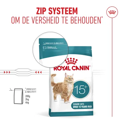 Royal Canin 15+ Senior Katten. Zip-systeem voor het behoud van versheid, easyopen & zipsysteem, freshpack beschermende atmosfeer, verkrijgbaar in 200 g, 2 kg, 4 kg. Royal Canin 15+ Senior Katten. Zip-systeem voor het behoud van versheid, easyopen & zipsysteem, freshpack beschermende atmosfeer, verkrijgbaar in 200 g, 2 kg, 4 kg.
