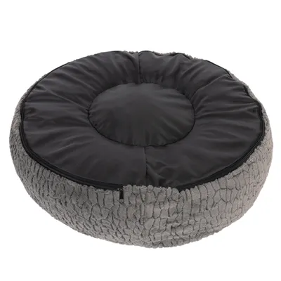 Coussin rond pour animal, dessus en tissu noir lisse, bordure en tissu gris à texture pelucheuse, fermeture éclair visible sur le côté.