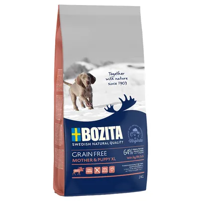 Saco de pienso BOZITA Grain Free Mother & Puppy XL, 2 kg. 64 % proteína animal, sin cereales, con alce. Texto visible en inglés: Together with nature since 1903.