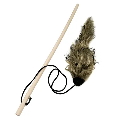 Play rod with wooden stick, black string and brown fur pendant. Suitable for interactive play.