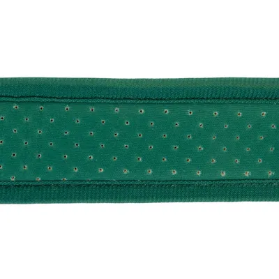 Grönt materialband med små hål, lämpligt för ventilation eller andningsaktiva användningar.