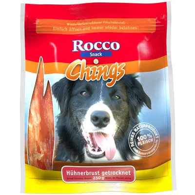 Rocco Snack Chings, Hühnerbrust getrocknet 250 g, 100 % Fleisch, bez konzervačních látek. Balení s obrázkem psa a sušeného kuřecího masa.