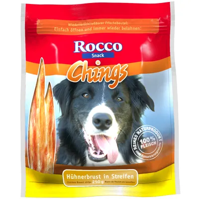 Rocco Snack Chings, Hühnerbrust in Streifen, 250 g. 100 % Fleisch, ilman säilöntäaineita. Pakkauksessa koiran kuva ja kanarintasuikaleita.