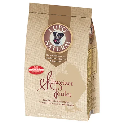 Saco de pienso para perros Lupo Natural Schweizer Poulet. Texto visible en alemán: Hundevollkost mit Natur-Vitamin-Komplex, gedünstete Kartoffeln, Eismeerfisch und Alpenkräuter.