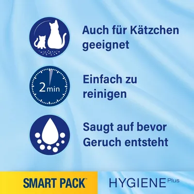 Auch für Kätzchen geeignet, einfach zu reinigen, saugt auf bevor Geruch entsteht. SMART PACK Hygiene Plus.