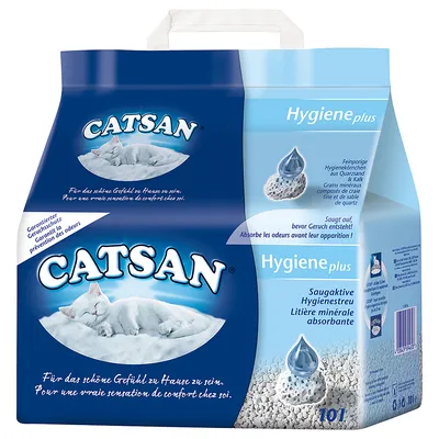 Пакет котешка тоалетна Catsan Hygiene plus, минерална, абсорбираща, 10 литра. Видими надписи: „Absorbe les odeurs avant leur apparition!“, „Saugaktive Hygienestreu“.