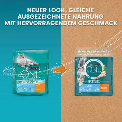 Purina ONE Light Bifensis cat food. New look, same excellent food with great taste. Newly designed for recycling, rich in chicken as ingredient No. 1.
