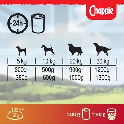 Feeding guide showing daily food amounts by weight: 5kg, 300-350g; 10kg, 500-600g; 20kg, 900-1000g; 30kg, 1200-1300g. 103 kcal per 100g. 100g wet food equals 30g dry food.