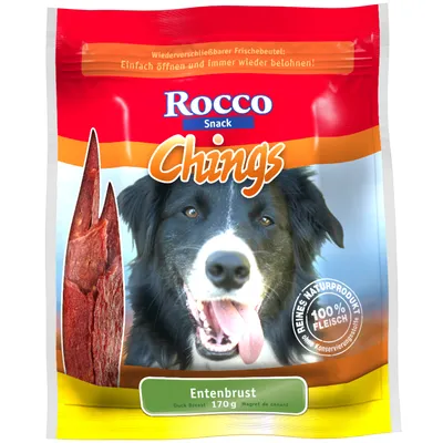 Rocco Snack Chings kačacia prsia, 170g. Znovuuzatvárateľný čerstvý obal, čistý prírodný produkt, 100% mäso, bez konzervačných látok.