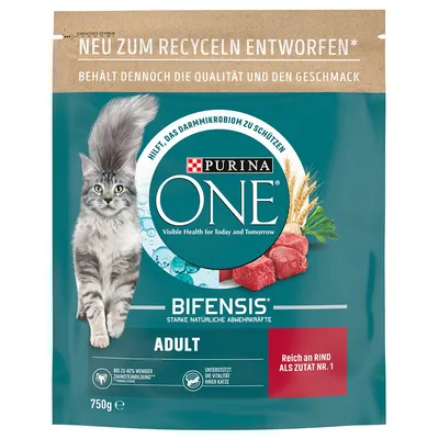 Pachet hrană pentru pisici Purina ONE Bifensis Adult, 750g, text vizibil: 'Reich an Rind als Zutat Nr. 1', 'Visible Health for Today and Tomorrow', imagine cu pisică și carne de vită.