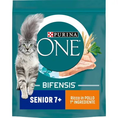 Purina ONE Bifensis Senior 7+, ricco in pollo 1° ingrediente, confezione con immagine di gatto grigio, carne di pollo e cereali visibili sulla parte frontale.