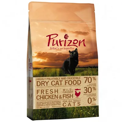 Purizon Dry Cat Food, 2,5 kg. Tekstit: 70 % lihaa ja kalaa, 30 % hedelmiä ja vihanneksia, 0 % viljaa, Fresh Chicken & Fish, for all adult cats. Musta kissa pakkauksessa.