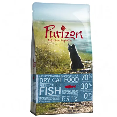 Purizon Dry Cat Food, 70 % selected fish, 30 % fruits, vegetables & botanicals, 0 % grain. Fresh-caught fish, herring from the North Sea. For all adult cats. 400 g.