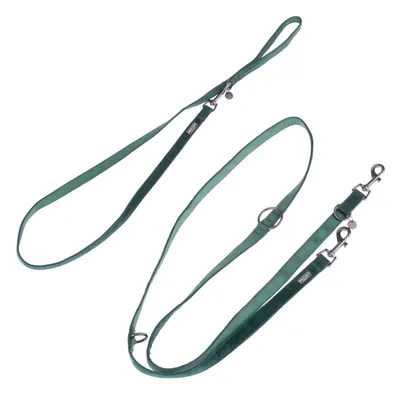Grönt hundkoppel med justerbar längd, två karbinhakar i metall och flera fästringar.