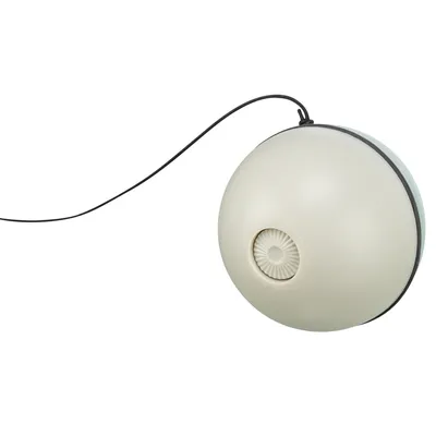 Round play ball with cord, beige colour, visible rotation mechanism. Suitable for interactive play.