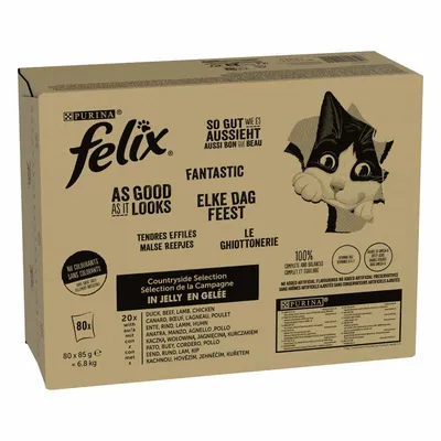 Purina Felix Countryside Selection in Gelee, 80x85g. Ohne künstliche Farbstoffe, 100% ausgewogen und komplett. Sorten: Ente, Rind, Lamm, Huhn.