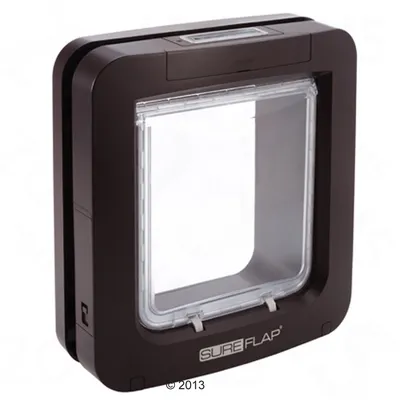 Kattenluik van zwart plastic met transparant klepje, merknaam SUREFLAP zichtbaar aan de onderzijde.