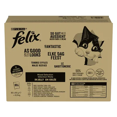 Cutie Felix Purina Mixed Selection in Jelly, 80 x 85 g, cu text vizibil: As Good As It Looks, Fantastic, fără coloranți, 100% complet și echilibrat, sortimente vită, pui, ton, cod.