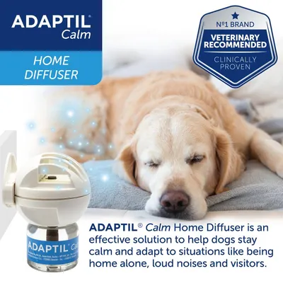 ADAPTIL Calm Home Diffuser helps dogs stay calm and adapt to being home alone, loud noises and visitors. Veterinary recommended, clinically proven. Image shows diffuser plugged in.