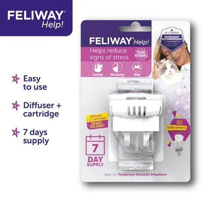 Feliway Help diffuser and cartridge pack, helps reduce signs of stress such as scratching, urine spraying, hiding. Easy to use, 7 day supply, includes free extra cartridge offer.