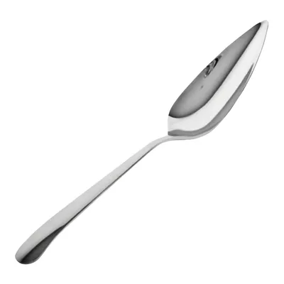 Metalen lepel met glanzende afwerking, volledig zichtbaar tegen witte achtergrond.