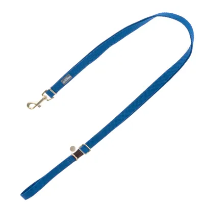 Blaue Hundeleine mit Metallkarabiner und verstellbarer Länge, robustes Material.
