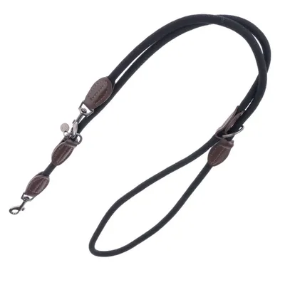 Black dog lead with brown leather details and metal carabiners, suitable for walks.