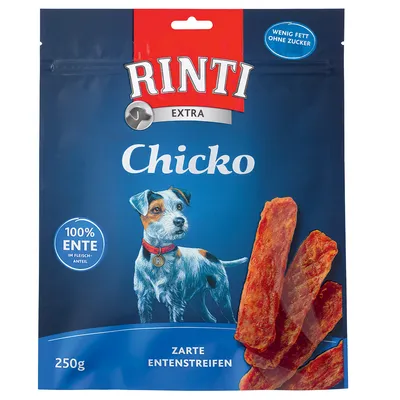 Rinti Extra Chicko, fines lamelles de canard, 250g. 100% canard dans la part de viande, faible en matières grasses, sans sucre.