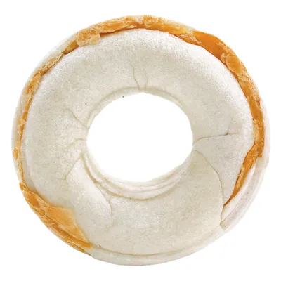 Round chew ring with a white base and light brown layer, shown in close-up to display texture and shape.