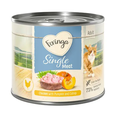 Feringa Single Meat Adult, Huhn mit Kürbis und Katzenminze, getreidefreie Rezeptur, 75% ausgewählte tierische Zutaten.