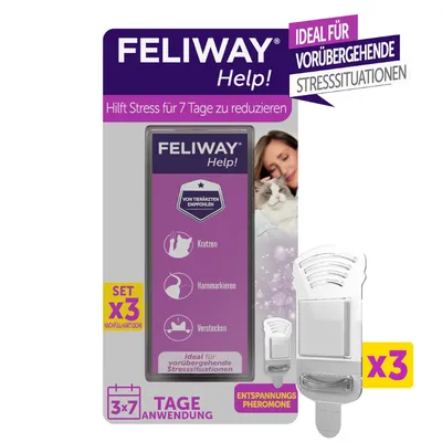 Feliway Help! zestaw wkładów uzupełniających x3. Pomaga redukować stres przez 7 dni. Idealny na tymczasowe sytuacje stresowe. Pheromony relaksacyjne przeciw drapaniu, znakowaniu moczem i ukrywaniu się.