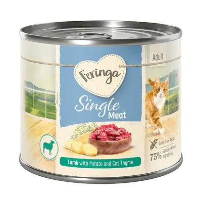 Feringa Single Meat Adult, conserve pour chat, agneau avec pomme de terre et thym pour chat, 75 % ingrédients d’origine animale, texte en anglais sur l’étiquette.