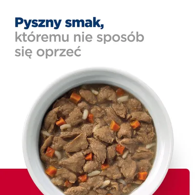Pyszny smak, któremu nie sposób się oprzeć. Miseczka z kawałkami mięsa, marchewką i ryżem w sosie.