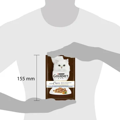 Purina Gourmet À La Carte cat food pouch held in hands, showing size comparison with 155 mm height marked beside the pack. Visible white cat and product name on packaging.