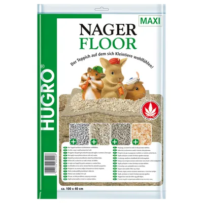 Hugro Nager Floor Maxi, ca 100 x 40 cm. Matta för smådjur. Olika material visas med plustecken. Ekologiskt certifikat synligt.