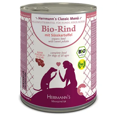 Herrmann's Classic Menu Bio-Rind mit Süßkartoffel, organic beef with sweet potato, popolna hrana za pse vseh starosti, certifikata BIO in bio, Herrmann's Manufaktur konzerva 400 g