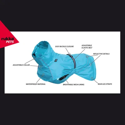 Rukka Pets hundjacka med justerbar krage, vattentätt material, andningsbart meshfoder, reflekterande detaljer, justerbart resårband och bakre benslingor.