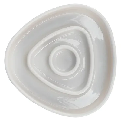 Three-piece white plastic bowl set in triangular shape, stackable inside each other.