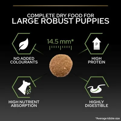 Complete dry food for large robust puppies. Features: no added colourants, high protein, high nutrient absorption, highly digestible. Average kibble size 14.5 mm.