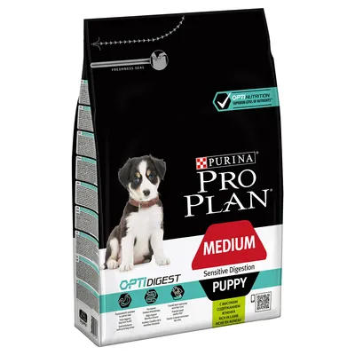 Sac hrană pentru câini Purina Pro Plan Medium Puppy Sensitive Digestion cu miel, OptiDigest, pentru pui de talie medie. Text vizibil: superior level of nutrients, rich in lamb.